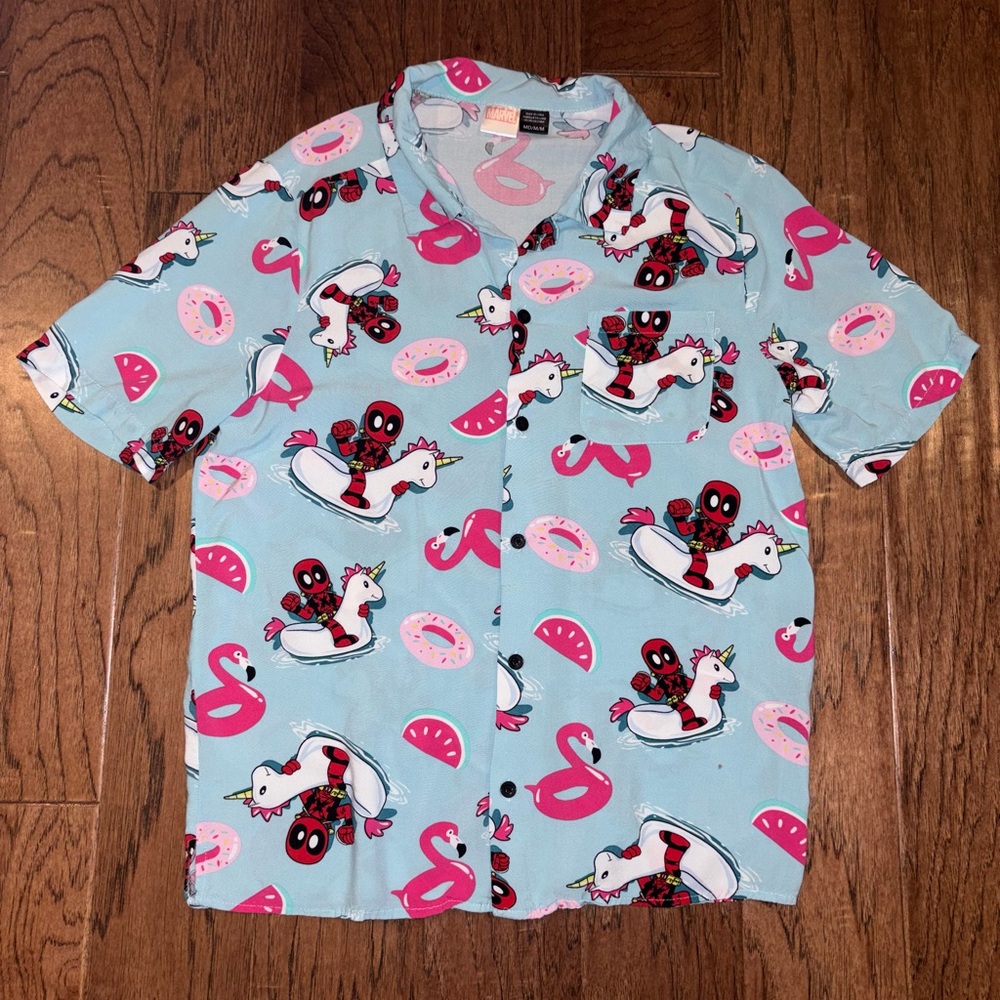 Marvel Deadpool Unicorn and Donut Casual Button Down Shirt Hawaiian Size Medium - Picture 2 of 7